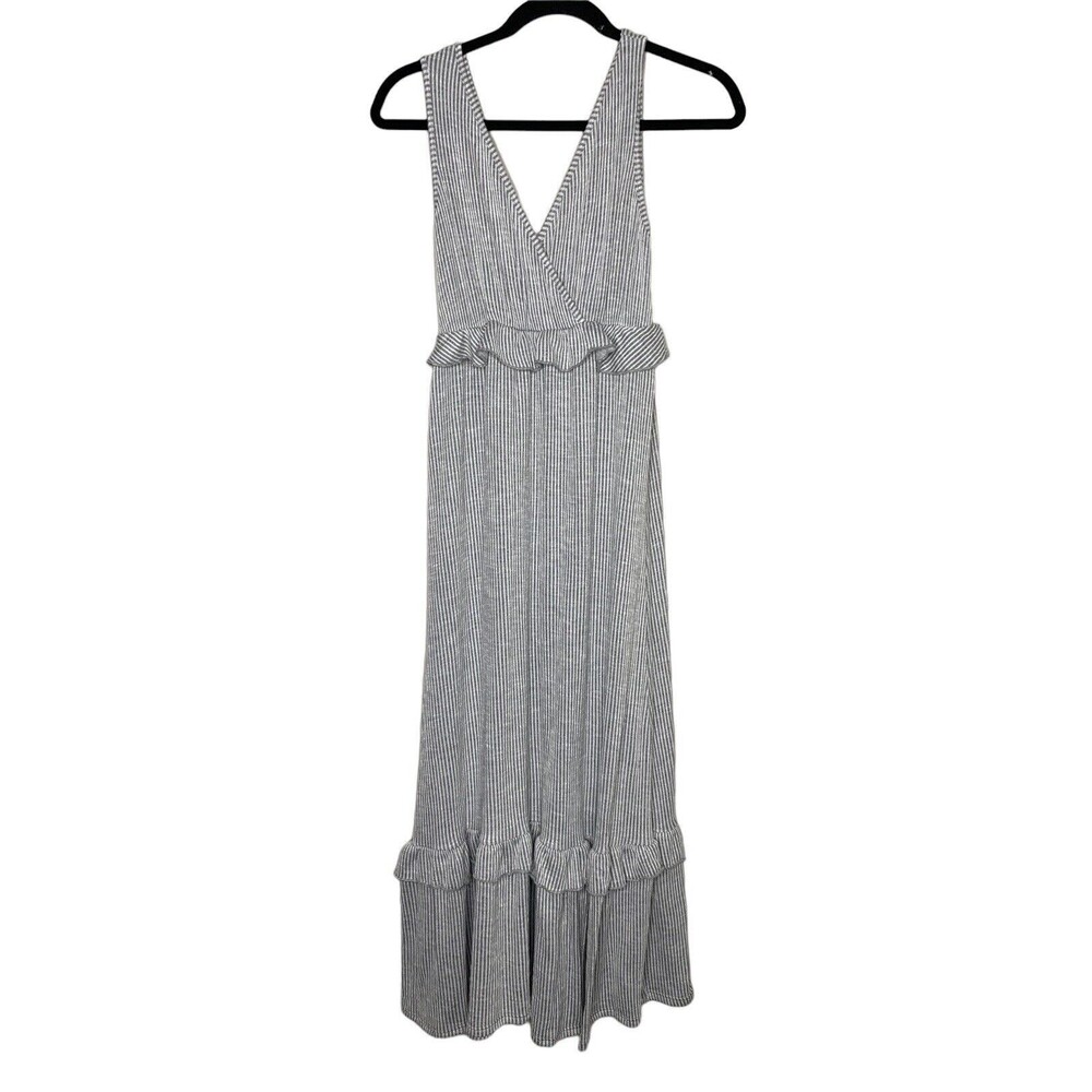 CAUTION TO THE WIND Midi Dress Blue Striped Womens V Neck Ruffle Sz Small